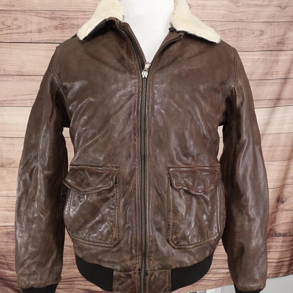 Redskins Leather Jacket Mens Large Brown‎ Bomber Aviator Faux Shearling Collar